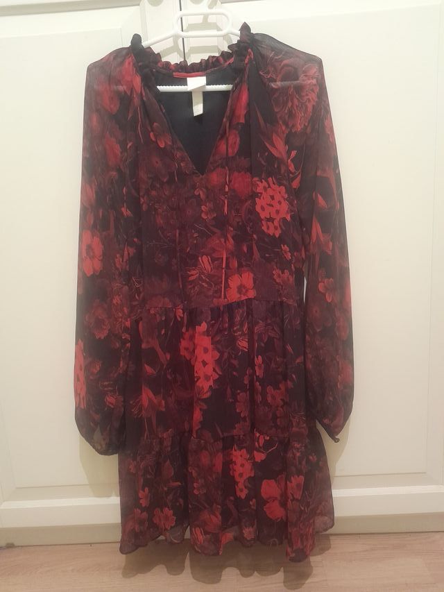 Vestido H&M gasa flores rojo S