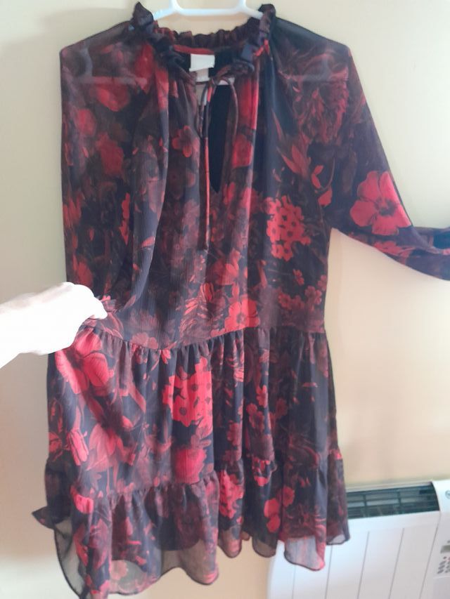 Vestido H&M gasa flores rojo S