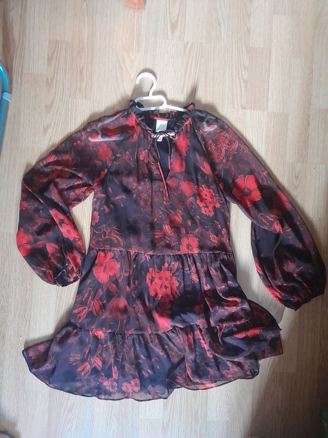 Vestido H&M gasa flores rojo S