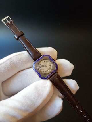 Reloj de pulsera vintage de plata con esmalte azul