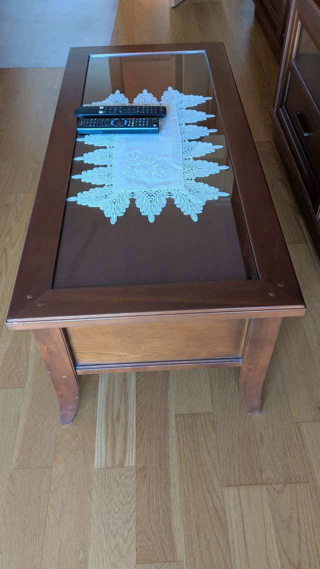 Mesa centro roble cristal y cajón