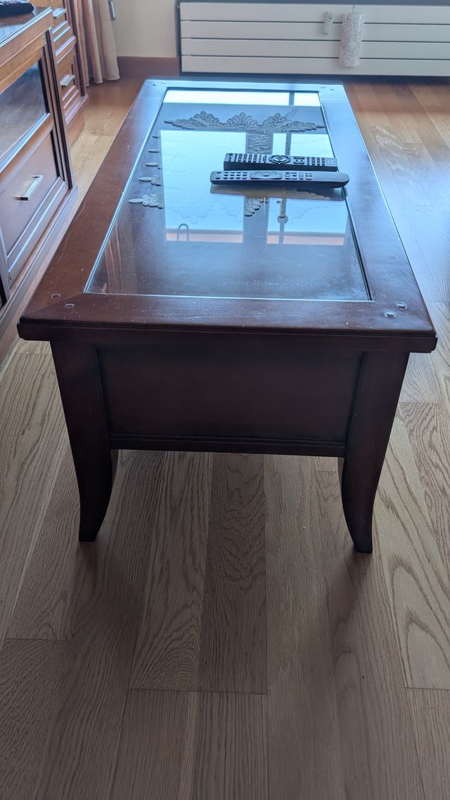 Mesa centro roble cristal y cajón