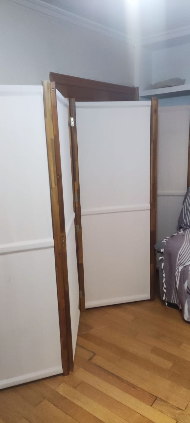 Biombo 6 paneles tela beige madera