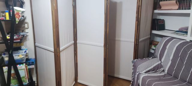 Biombo 6 paneles tela beige madera