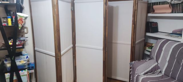 Biombo 6 paneles tela beige madera