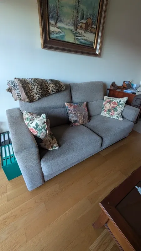 Sofá cama beige con cojines decorativos