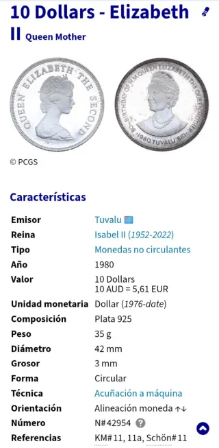 Moneda Plata Reina Madre 1980 Tuvalu