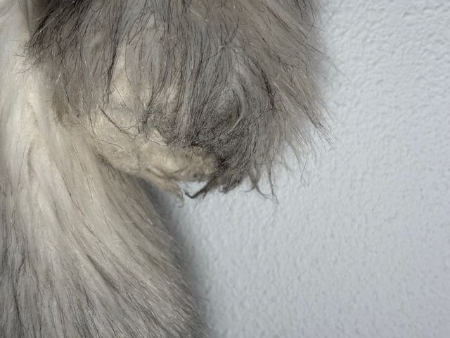 Abrigo pelo sintético gris y blanco