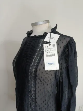 Blusa Zara Negra Semitransparente Talla S.