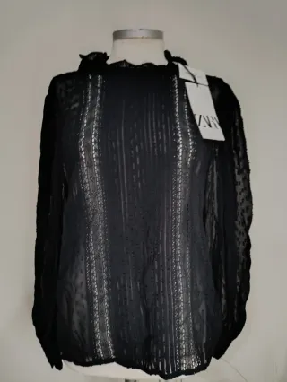 Blusa Zara Negra Semitransparente Talla S.
