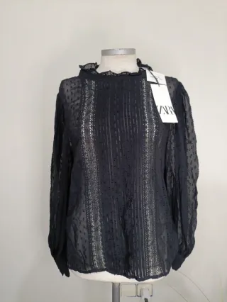 Blusa Zara Negra Semitransparente Talla S.