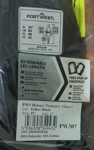 Pantalón Portwest Talla 42 Negro/Amarillo