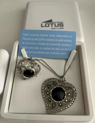 Anillo y Colgante Lotus Plata 925 Corazón Negro