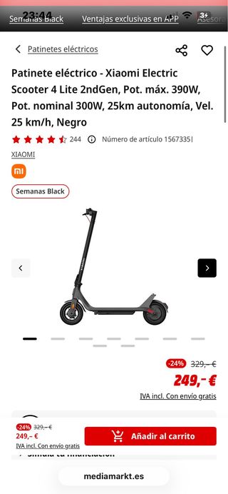 Patinete Eléctrico Xiaomi 4 Lite 2ndGen Negro