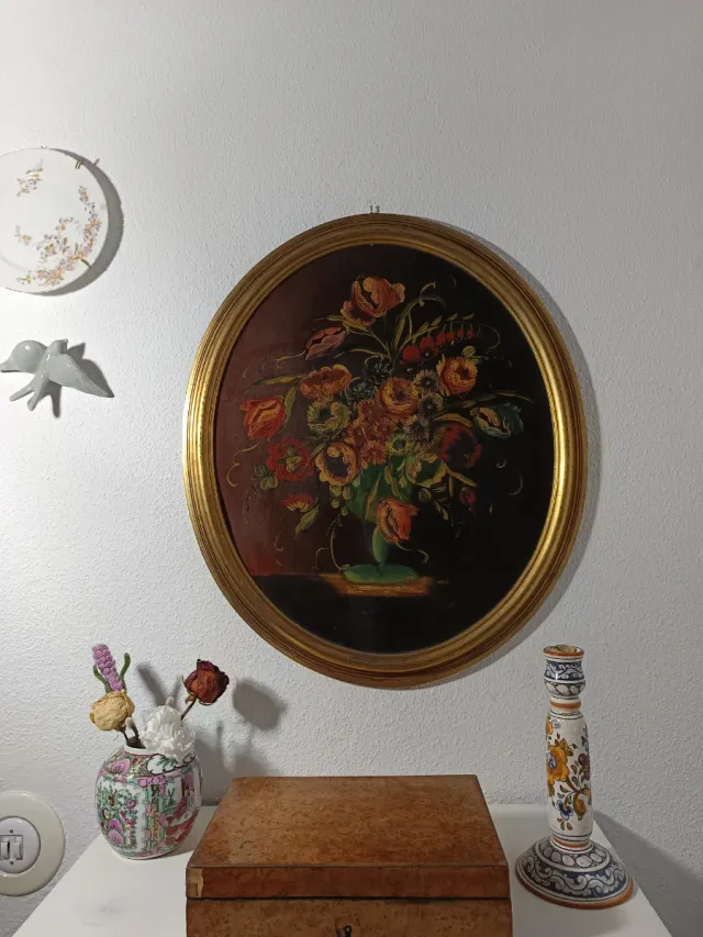 Cuadro antiguo flores ovalado