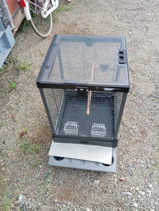 Jaula para pájaros negra y transparente