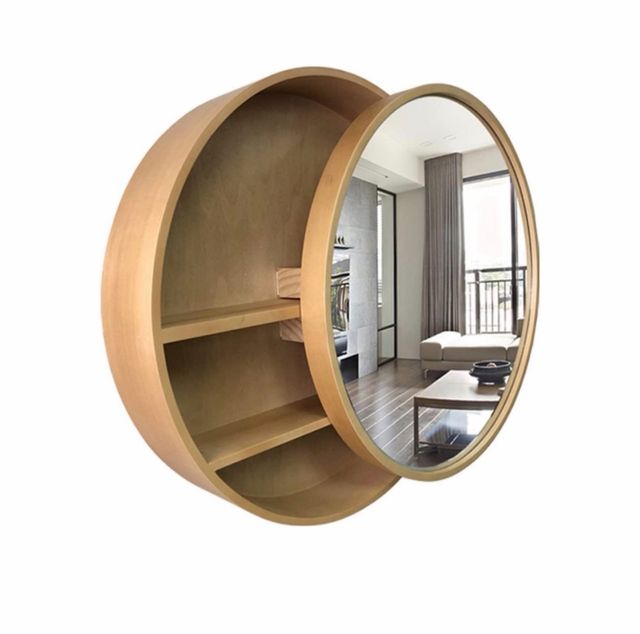 Mobile da bagno rotondo in legno con specchio