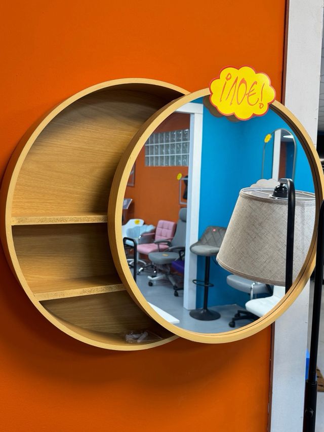 Mobile da bagno rotondo in legno con specchio