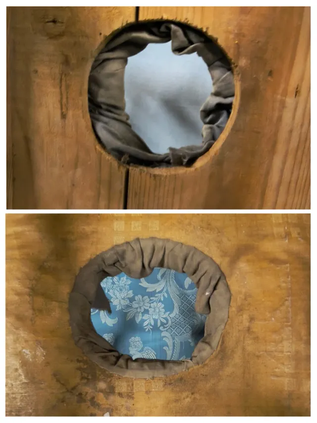 Vecchia sedia sdraiante per bambini in legno, plastica e pelle con orinatoio