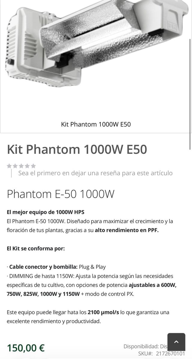 Kit Iluminación HPS 1000W Phantom E50