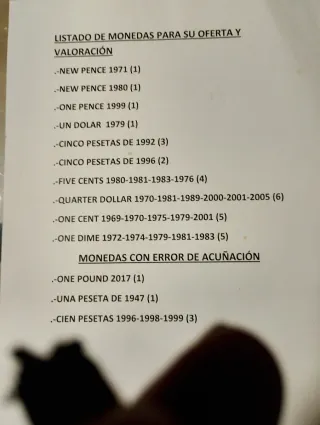 Listado de Monedas para Oferta y Valoración