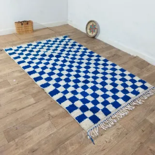 Alfombra de lana a cuadros azul y blanco