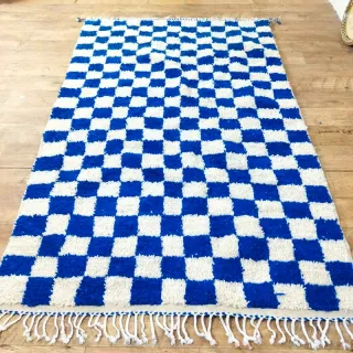 Alfombra de lana a cuadros azul y blanco