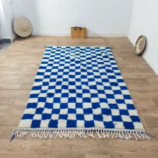 Alfombra de lana a cuadros azul y blanco