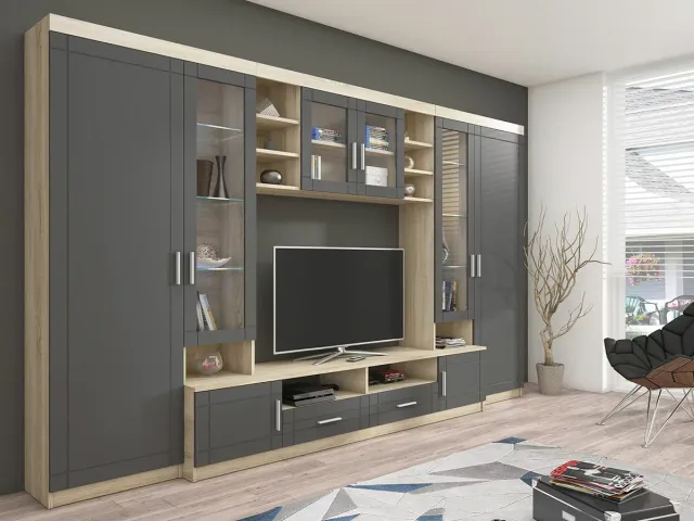 Mueble de salón modular gris y madera