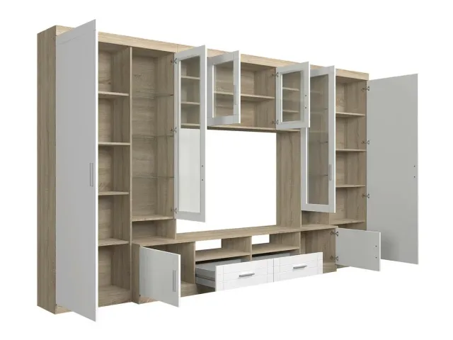 Mueble de salón modular gris y madera