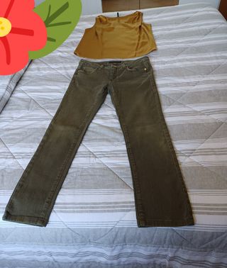 Top giallo senape e jeans verde oliva