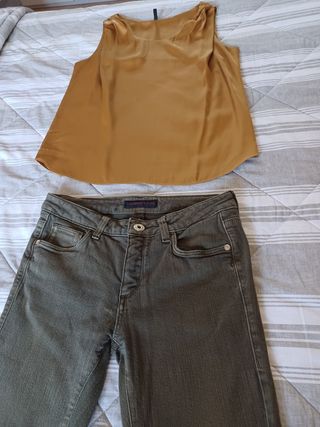 Top giallo senape e jeans verde oliva