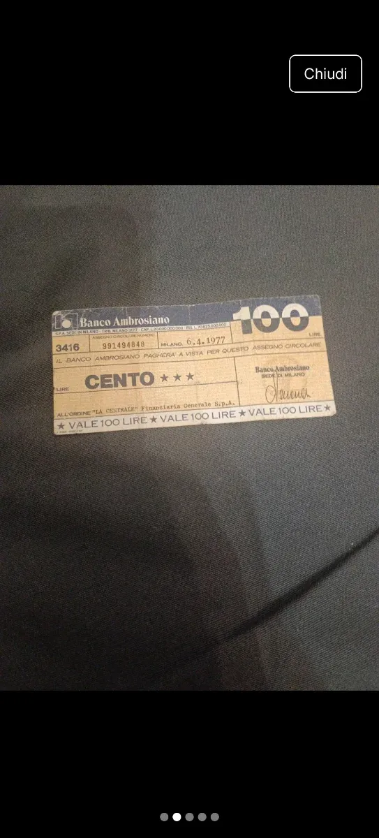 Mini assegno Banco Ambrosiano 1977