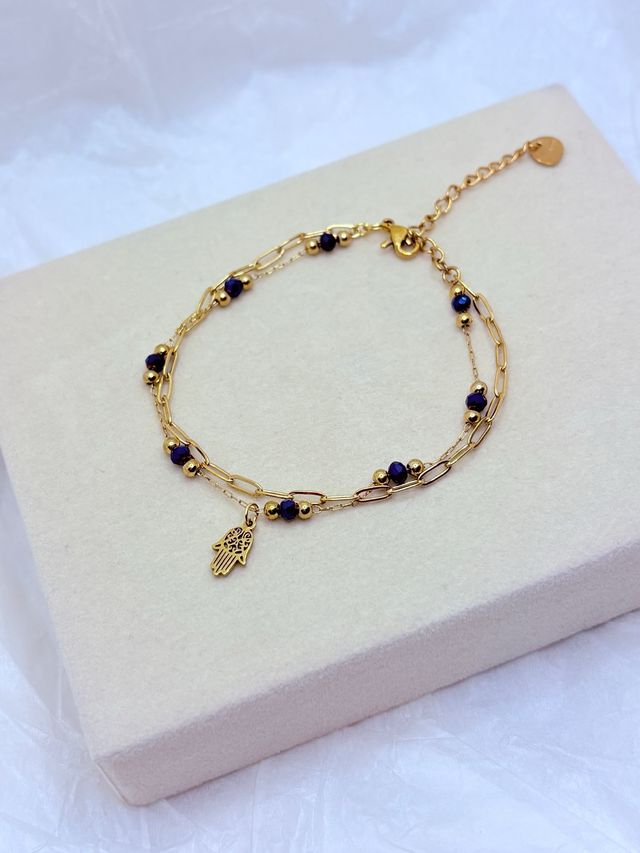 Pulsera Doble Hamsa Acero Inoxidable Azul Dorado