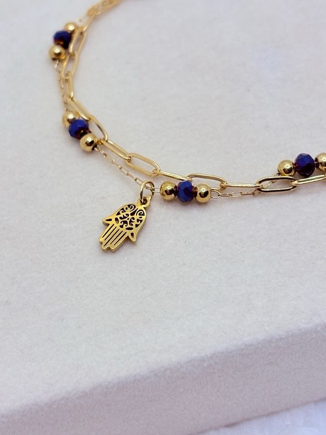 Pulsera Doble Hamsa Acero Inoxidable Azul Dorado