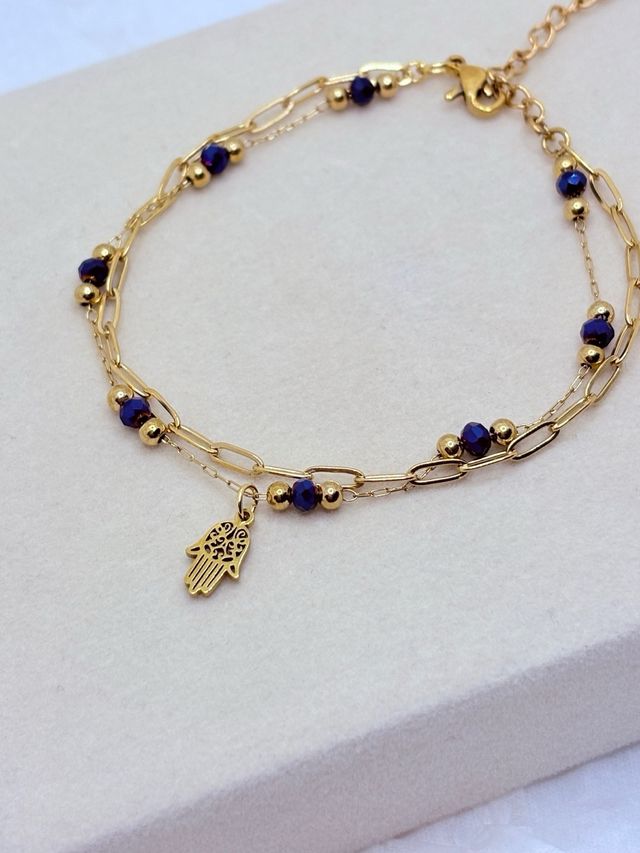 Pulsera Doble Hamsa Acero Inoxidable Azul Dorado