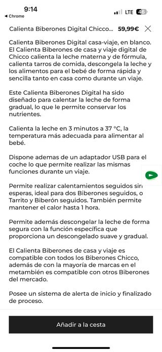 Calienta biberones Chicco Casa + VIAJE 12v