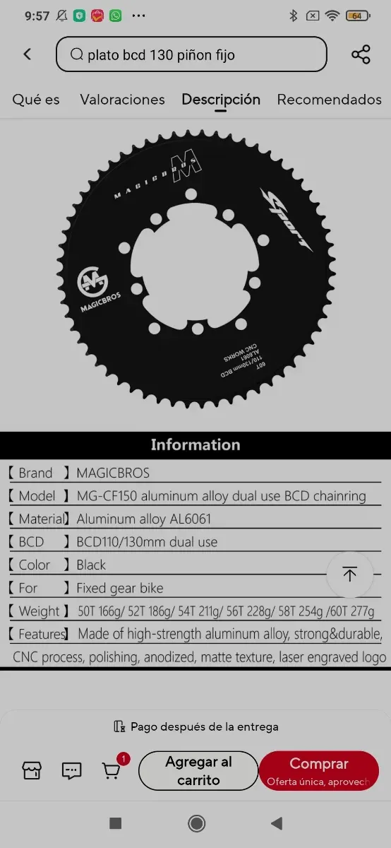 Plato  bici BCD 130 para piñón fijo