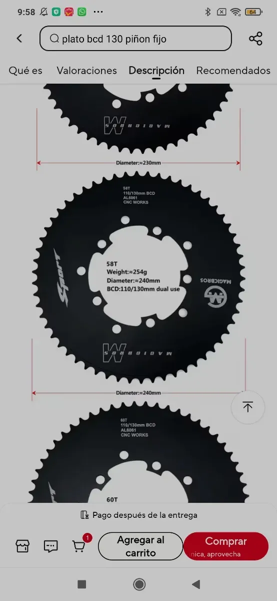 Plato  bici BCD 130 para piñón fijo