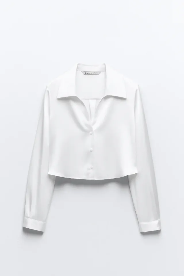 Camisa Zara Satén Cropped Blanca