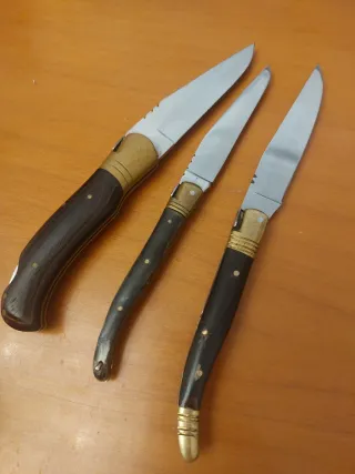 Lotti di coltelli Laguiole con manici in corno e legno, lama 9 cm