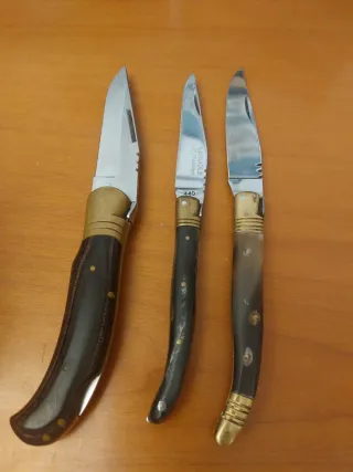 Lotti di coltelli Laguiole con manici in corno e legno, lama 9 cm