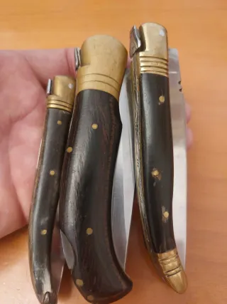 Lotti di coltelli Laguiole con manici in corno e legno, lama 9 cm