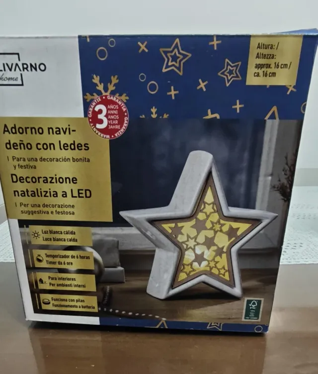 Adorno Navideño Estrella LED Madera y Cerámica