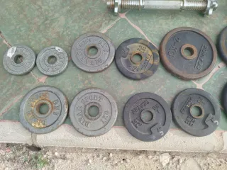 Discos de peso Domyos y 3 mancuernas.