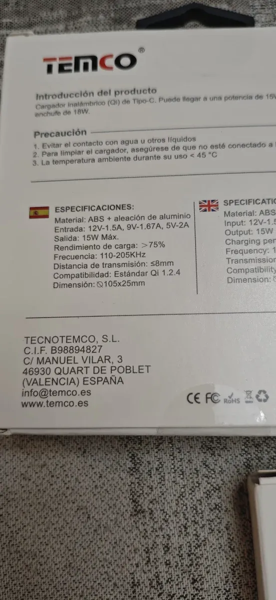 Cargador Inalámbrico TEMCO XTW115 Qi 15W