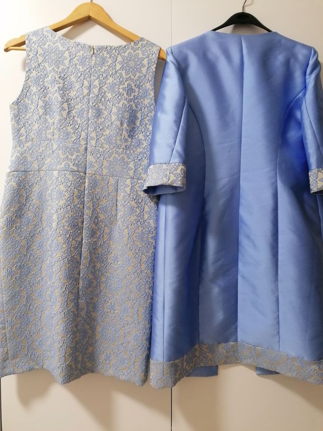 Traje madrina vestido y abrigo, beig y celeste