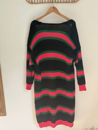 Chaqueta larga punto, rallas Rosa Negro Verde.