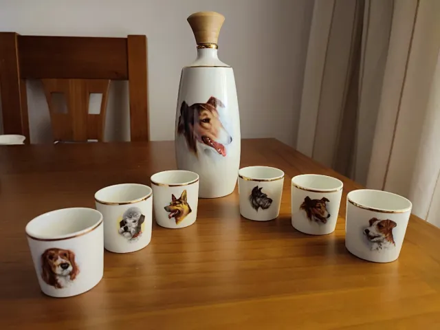 Juego Botella y Vasos Cerámica Perros