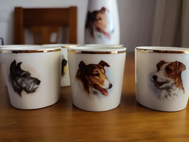 Juego Botella y Vasos Cerámica Perros